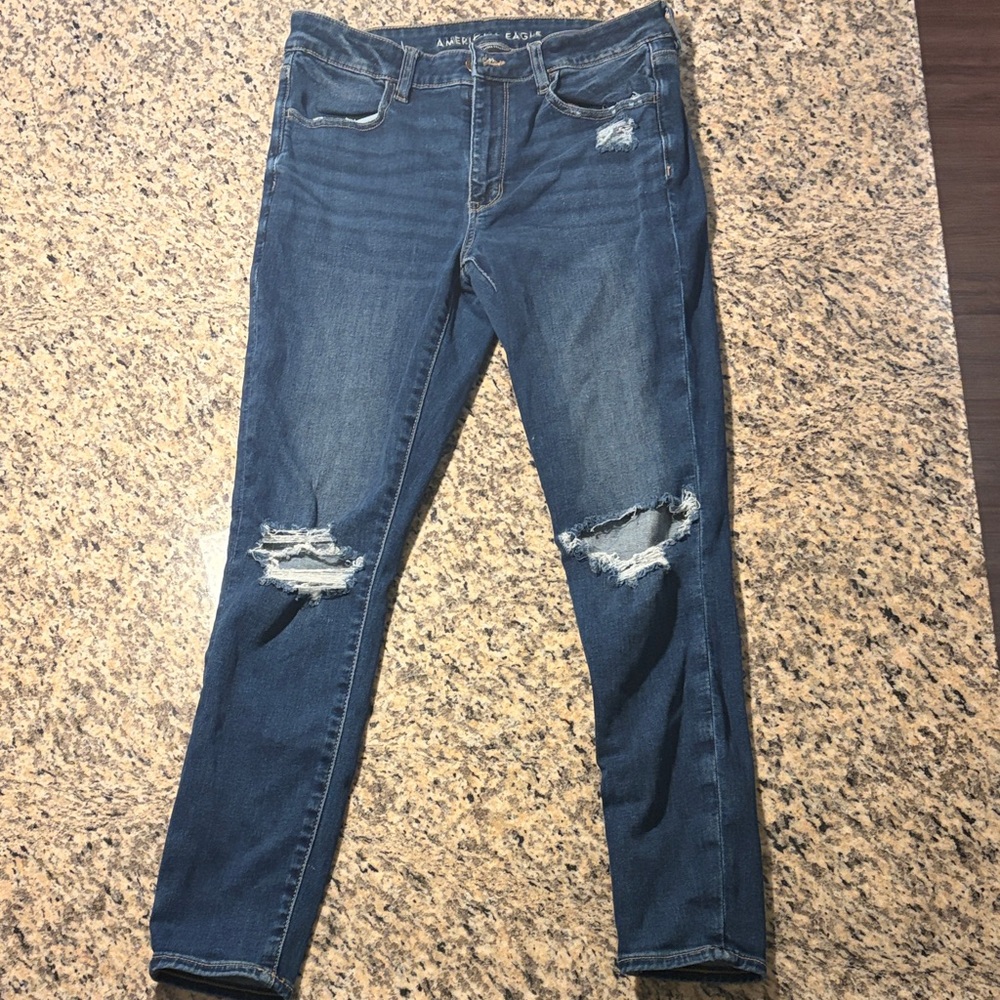 American Eagle Outfitters Women's Dark Blue Ripped Skinny Jeans